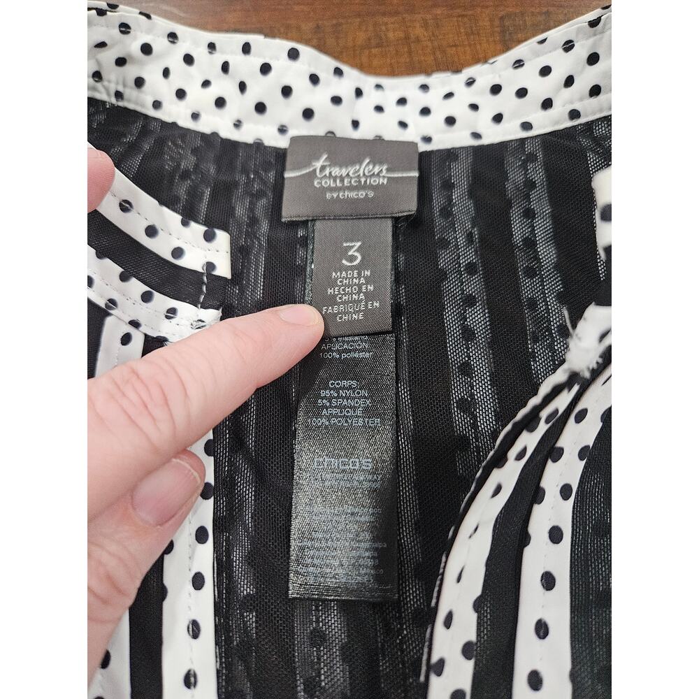 Chico’s Travelers Collection Black White Stripe Polka Dot Zip Jacket Top 3 - Picture 2 of 6
